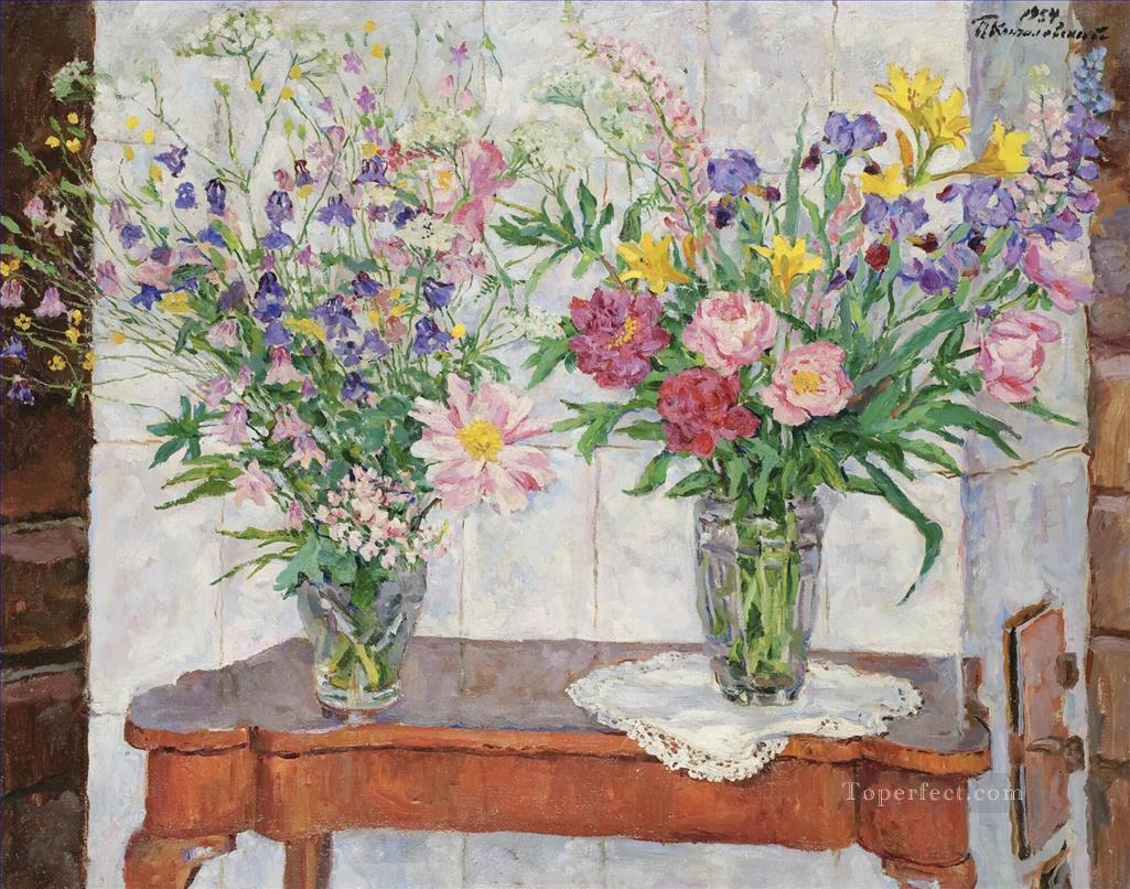 TWO BOUQUETS OF MULTI COLOURED FLOWERS BY A STOVE Petr Petrovich Konchalovsky Oil Paintings